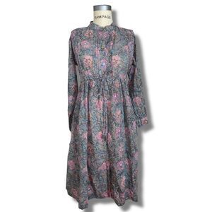 Marche Women’s Size Medium Gloria Hand Block Printed Midi Shirt Dress Grey